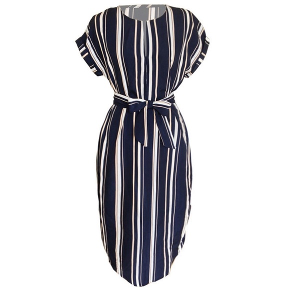 Navy & White Striped Short Sleeve O-Neck Midi - Picture 3 of 8